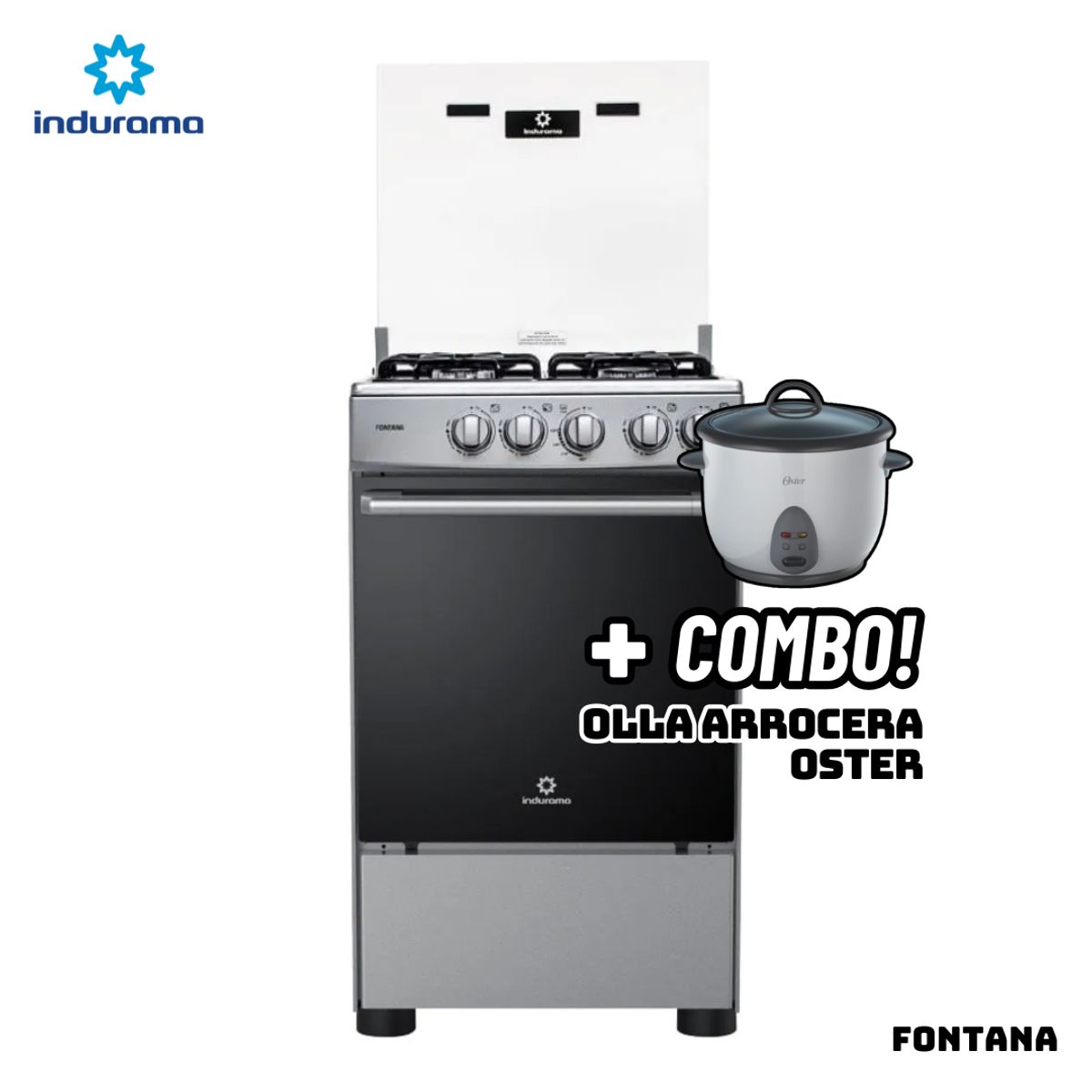 INDURAMA - COCINA DE PIE INDURAMA A GAS 4 HORNILLAS - FONTANA + ARROCERA OSTER BLANCA