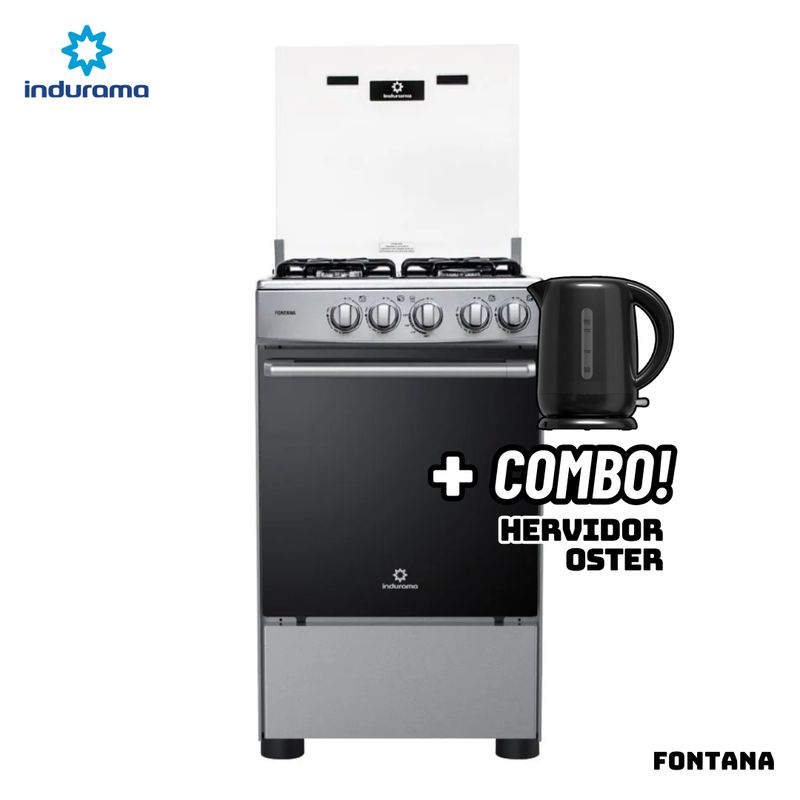 INDURAMA - COCINA DE PIE INDURAMA A GAS 4 HORNILLAS - FONTANA + HERVIDOR OSTER NEGRO