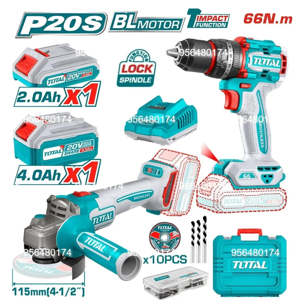 TOTAL TOOLS - TALADRO ROTOMARTILLO 66NM + ESMERIL ANGULAR  4 ½" BRUSHLESS TOTAL -TCKLI20273