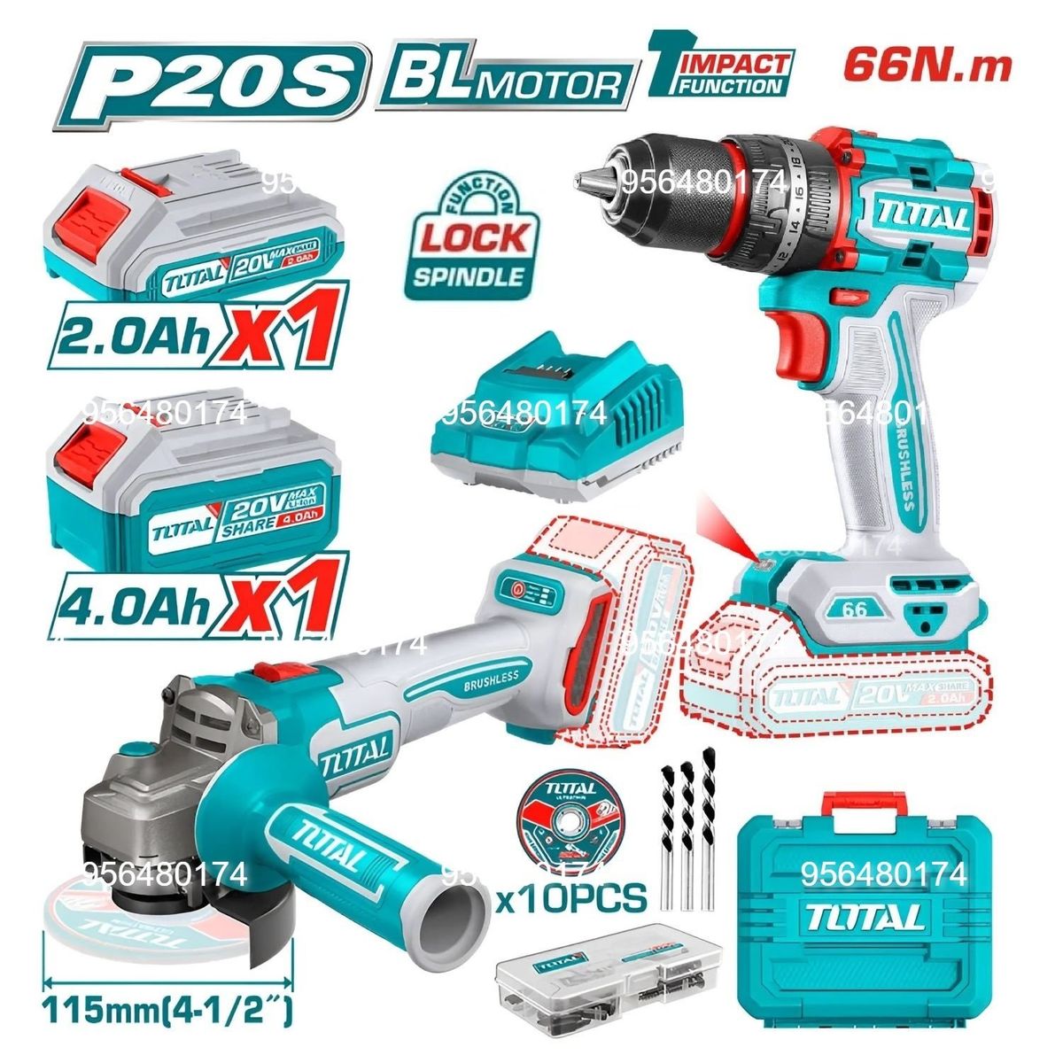 TOTAL TOOLS - TALADRO ROTOMARTILLO 66NM + ESMERIL ANGULAR  4 ½" BRUSHLESS TOTAL -TCKLI20273