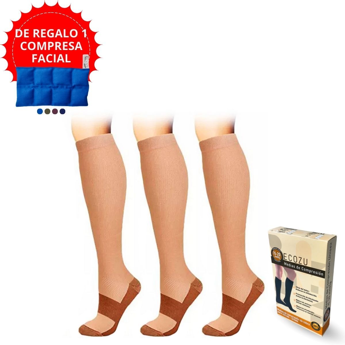GENERICO - Medias de compresion antivarices talla XXL pack de 3 pares Beige