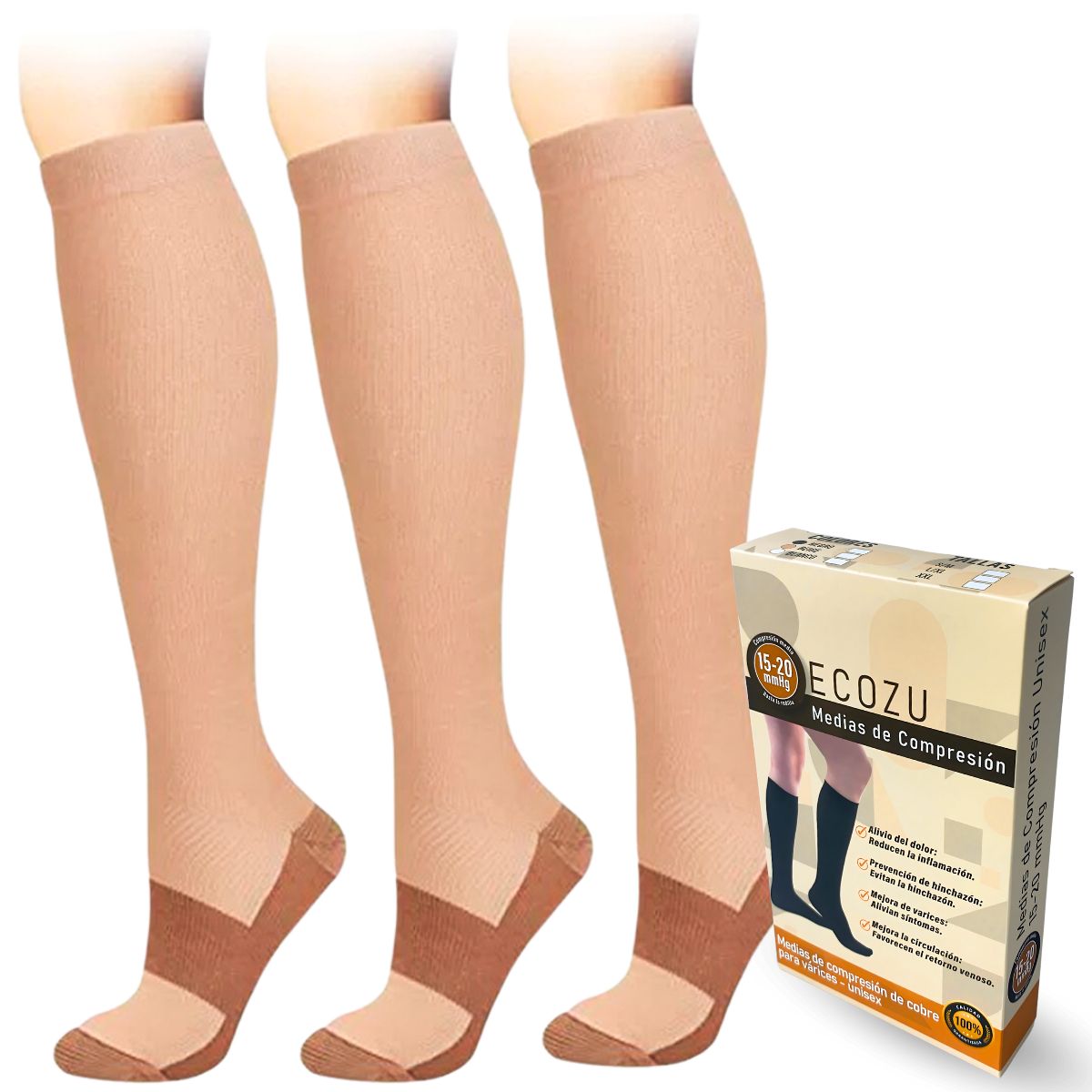 GENERICO - Medias de compresion antivarices talla XXL pack de 3 pares Beige