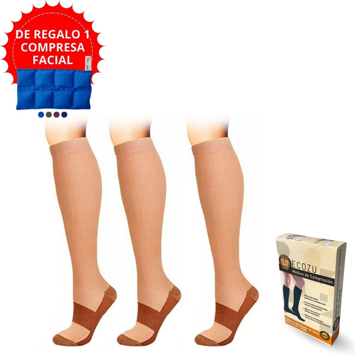 GENERICO - Medias de compresion antivarices talla L/XL pack de 3 pares Beige