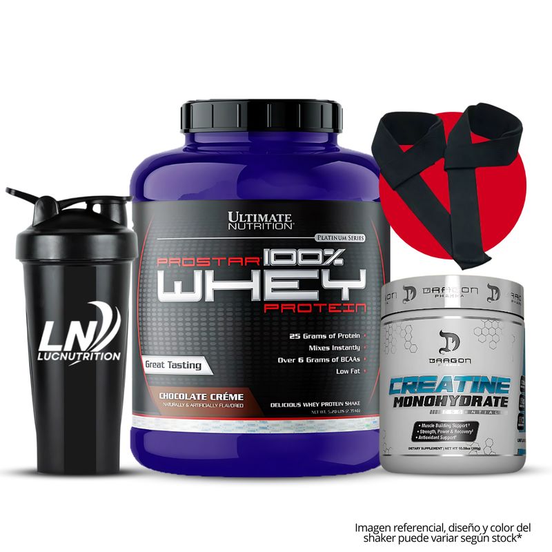 ULTIMATE NUTRITION - Prostar 100 % Whey 5 LB Chocolate Creme + Creatina Dragon Pharma 300 g + shaker + straps