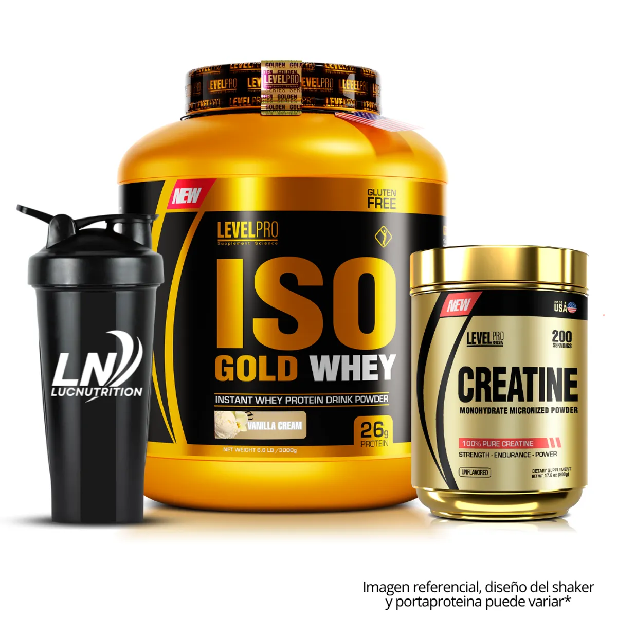 LEVEL PRO - Iso Gold Whey 3 kg vainilla + Creatina Level pro 500 g + shaker