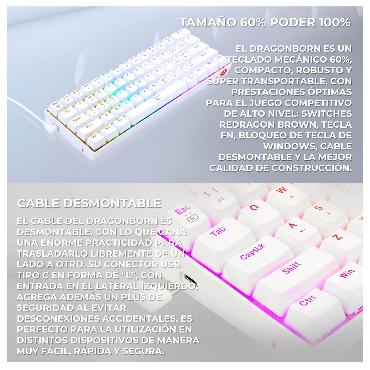 REDRAGON - Teclado Mecanico Redragon Dragonborn 60% K630 Blanco Español Red