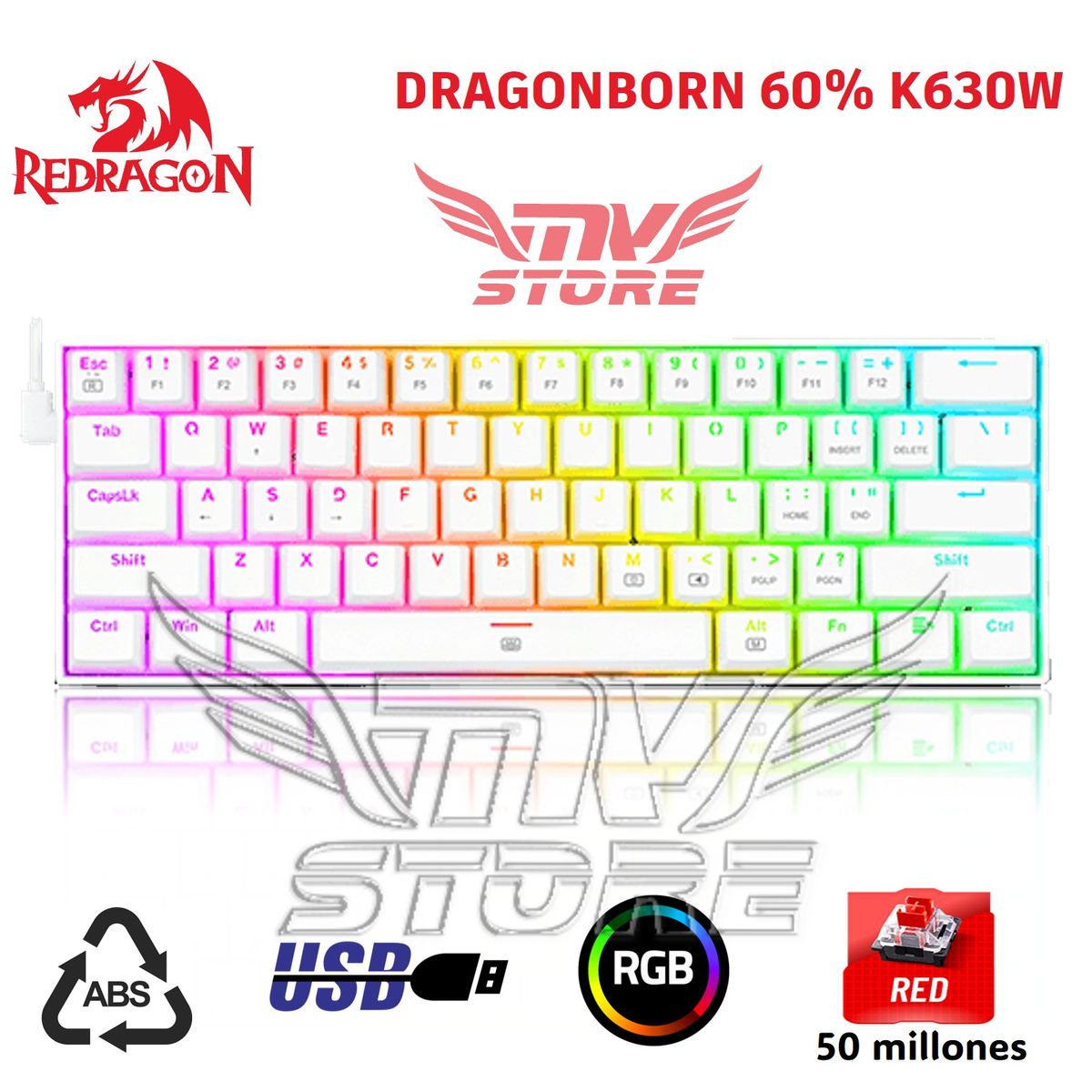 REDRAGON - Teclado Mecanico Redragon Dragonborn 60% K630 Blanco Español Red