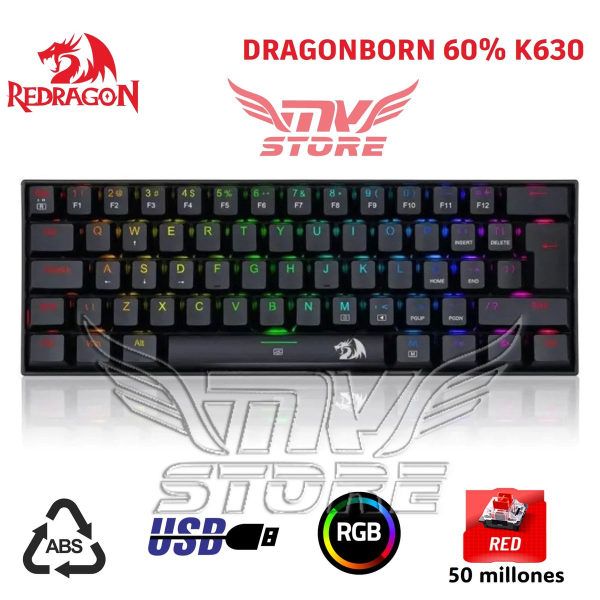 REDRAGON - Teclado Mecanico Redragon Dragonborn 60% K630 Negro Español Red Switch