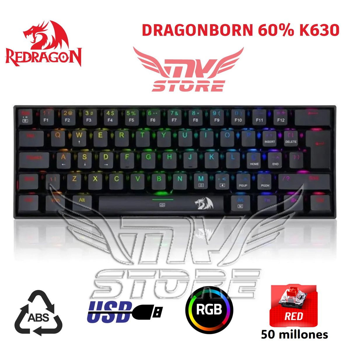 REDRAGON - Teclado Mecanico Redragon Dragonborn 60% K630 Negro Español Red Switch