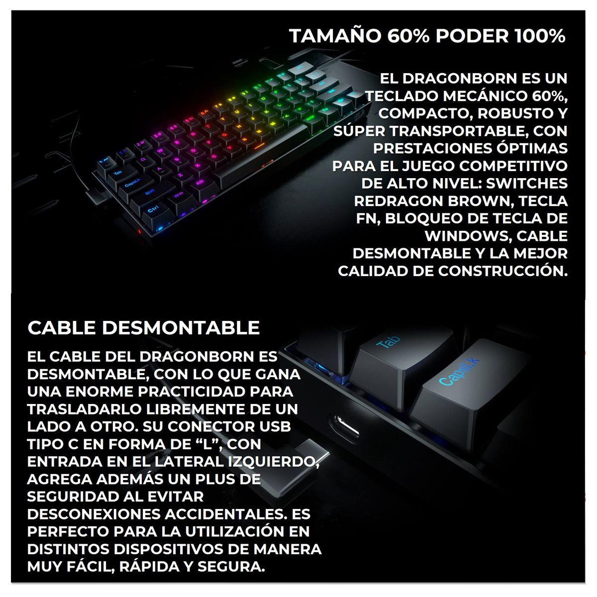 REDRAGON - Teclado Mecanico Redragon Dragonborn 60% K630 Negro Español Red Switch