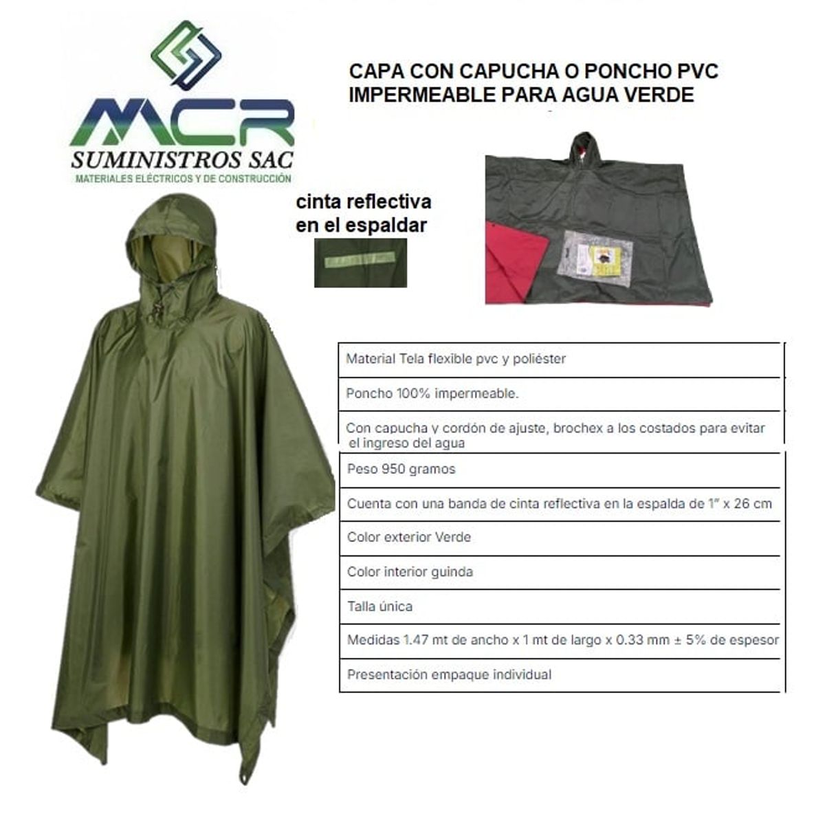 GENERICO - CAPA CON CAPUCHA PONCHO O ABRIGO IMPERMEABLE PARA LUVIA VERDE