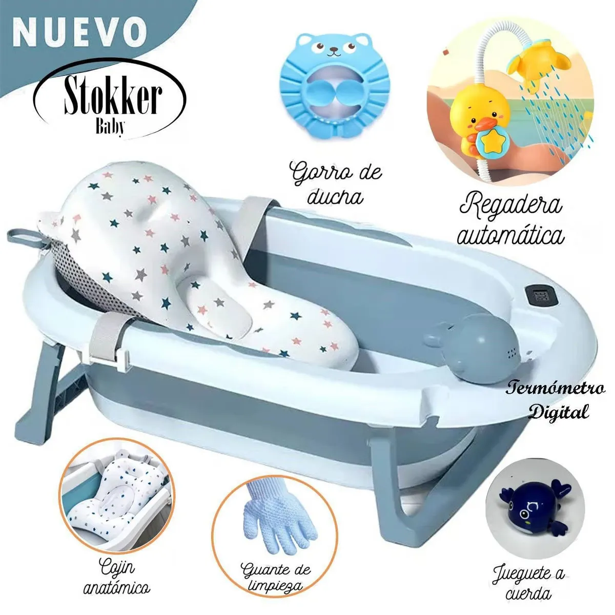 STOKKER BABY - Tina Bañera Plegable Piscis Con Termómetro Blue