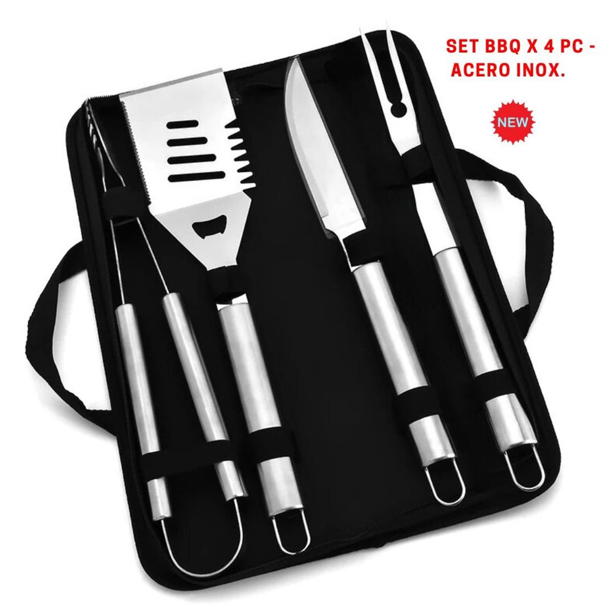 GENERICO - Set Parrillero BBQ Premium  Acero Inoxidable x 4 Pc + Maletín