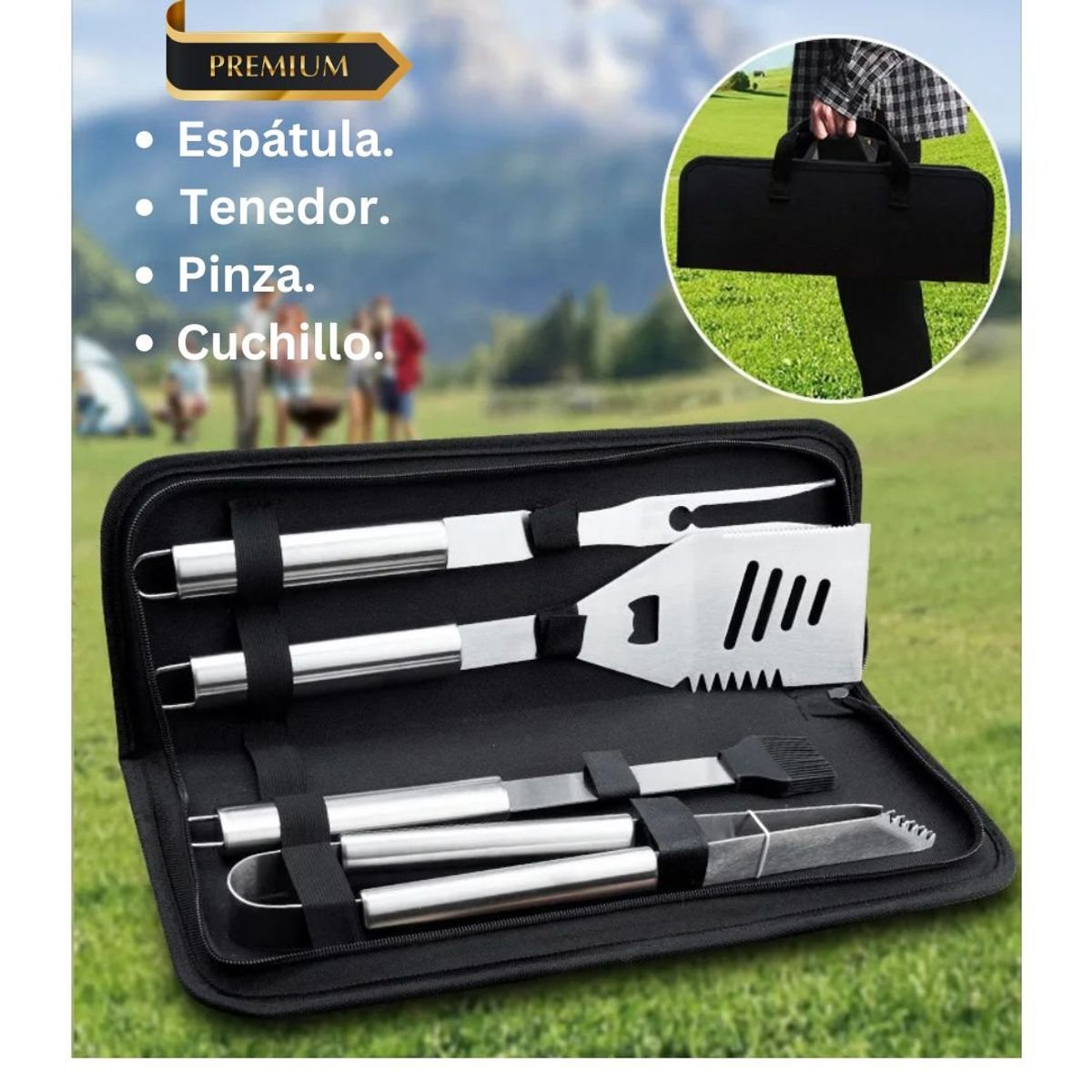 GENERICO - Set Parrillero BBQ Premium  Acero Inoxidable x 4 Pc + Maletín