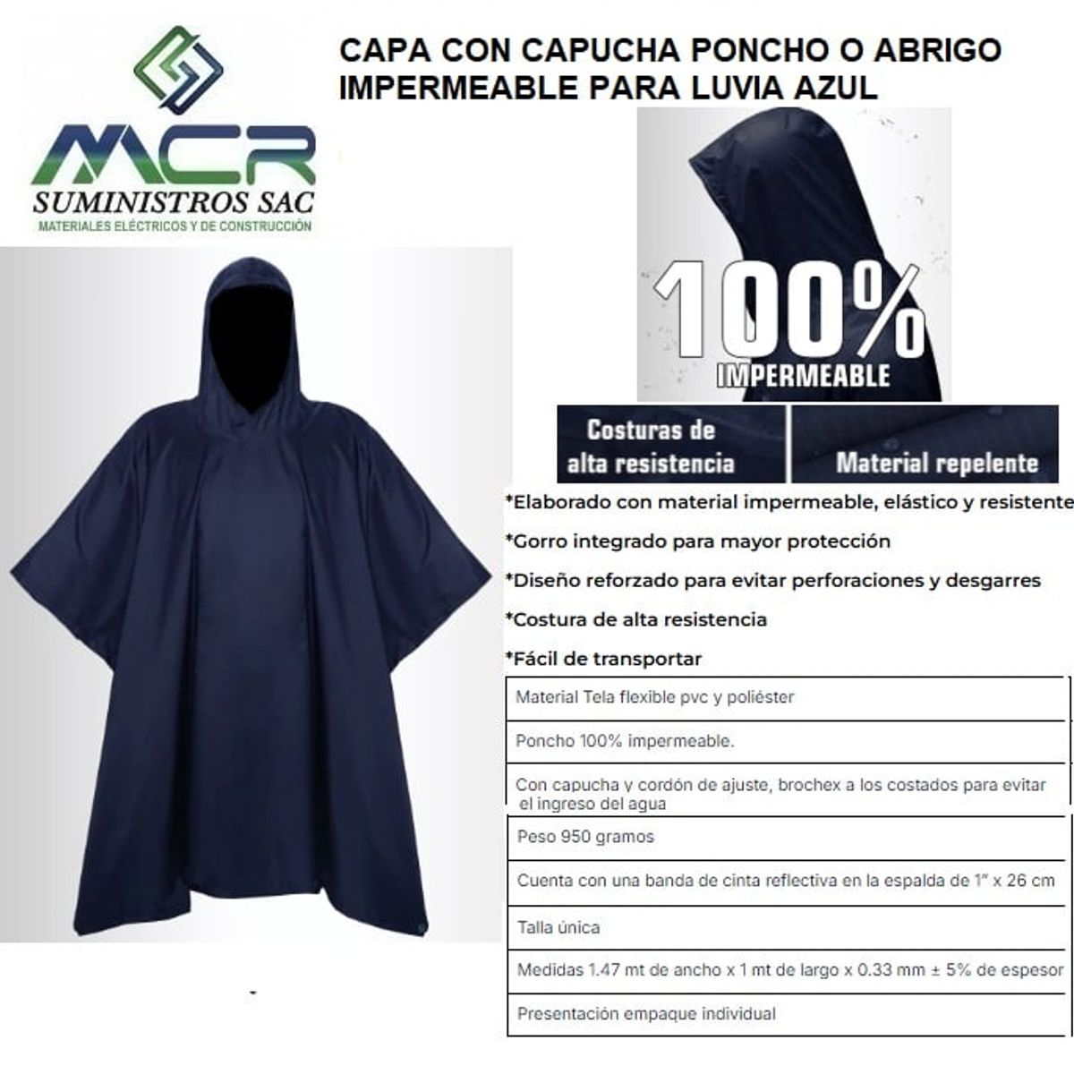 GENERICO - CAPA CON CAPUCHA PONCHO O ABRIGO IMPERMEABLE PARA LUVIA AZUL