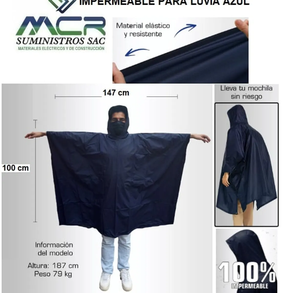 GENERICO - CAPA CON CAPUCHA PONCHO O ABRIGO IMPERMEABLE PARA LUVIA AZUL