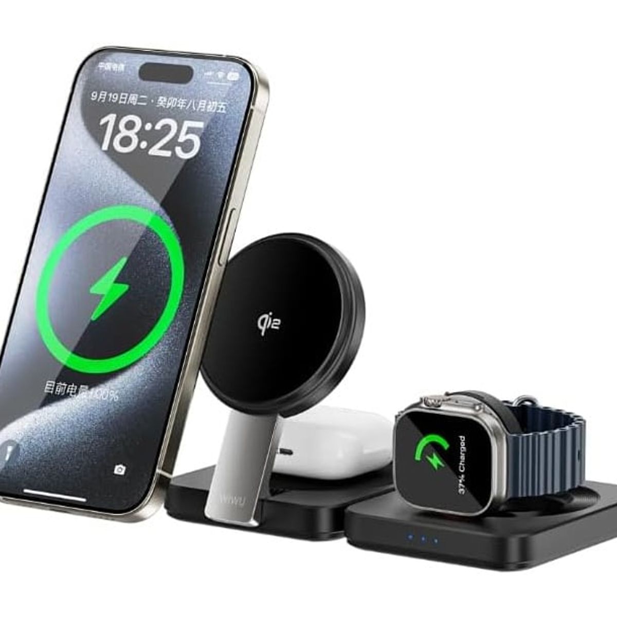 WIWU - Cargador Plegable Qi 2.0 3 En 1 Inalámbrico Qc 3.0 15w Wiwu