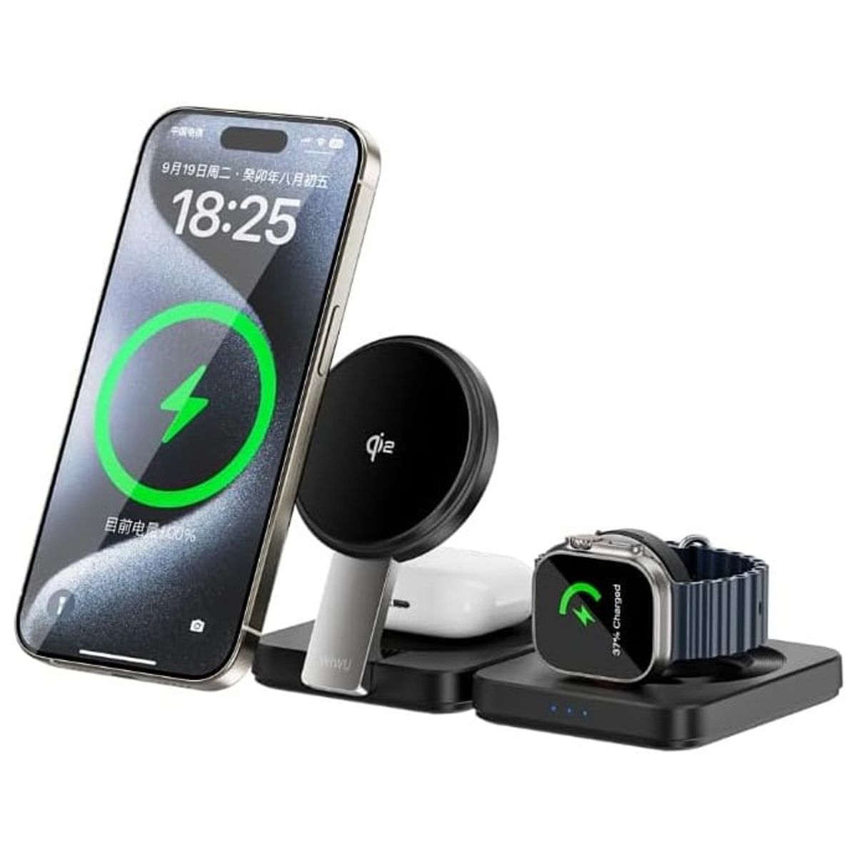 WIWU - Cargador Plegable Qi 2.0 3 En 1 Inalámbrico Qc 3.0 15w Wiwu