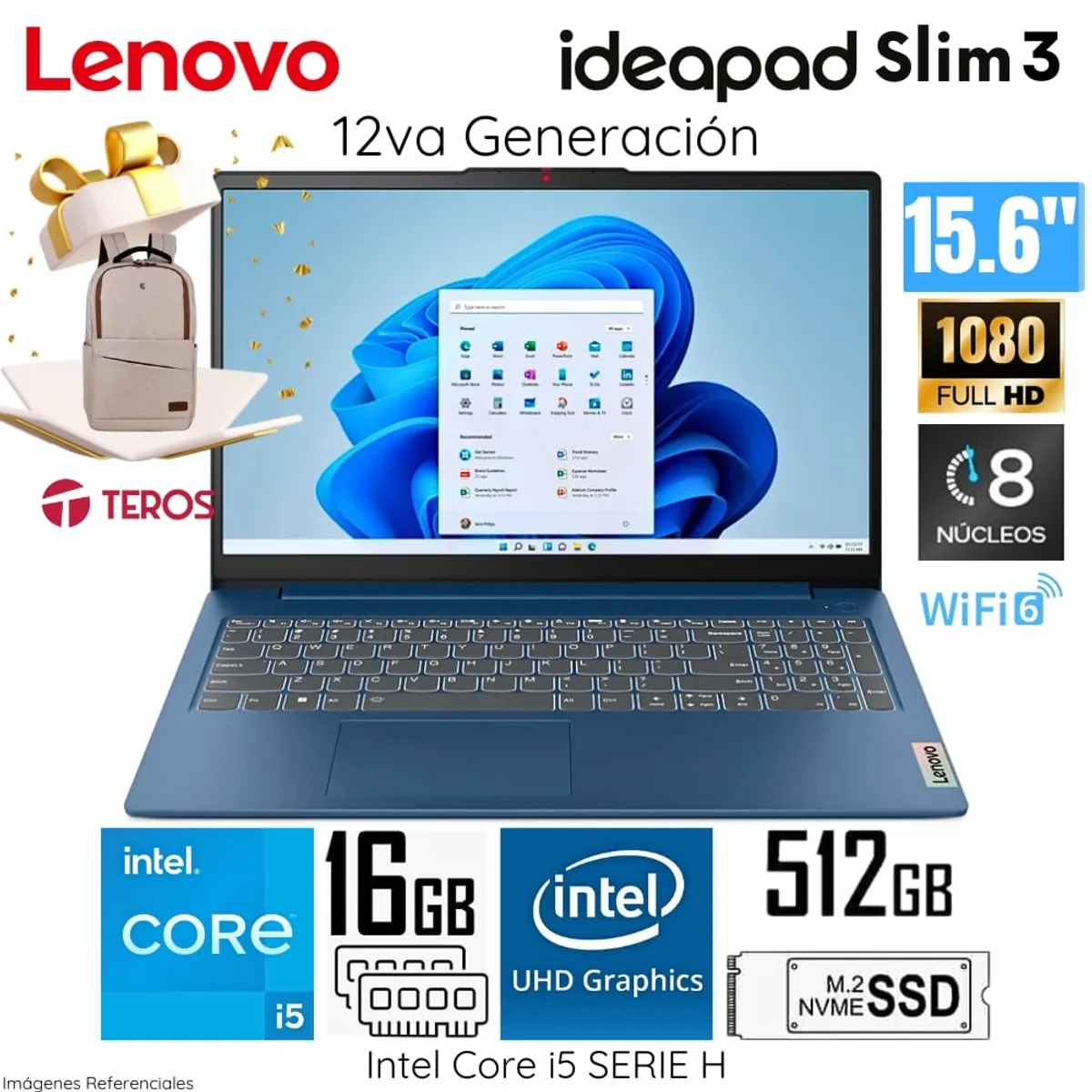LENOVO - Laptop Lenovo IDEAPAD SLIM 3 Intel Core i5 12450H 16GB RAM 512GB SSD 15IAH8 83ER001DLM+Mochila Teros