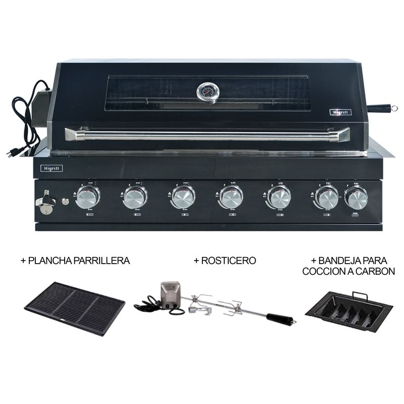 HIGRILL - Parrilla a Gas Empotrable con Rosticero Giratorio Carbonera y Plancha
