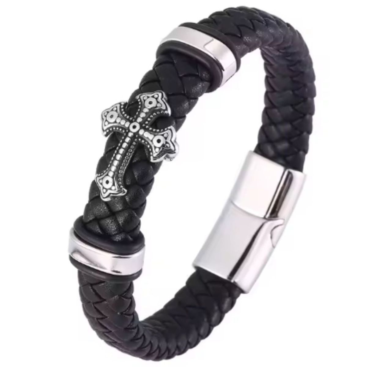 GENERICO - Pulsera Cruz22 CM Cuero y acero  Inoxidable.