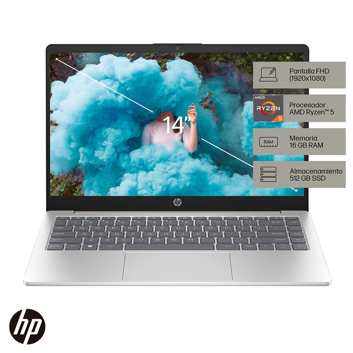 HP - Laptop HP 14-EM0010LA 14” FHD AMD Ryzen 5 7520U 16GB 512GB SSD, Windows 11, Español