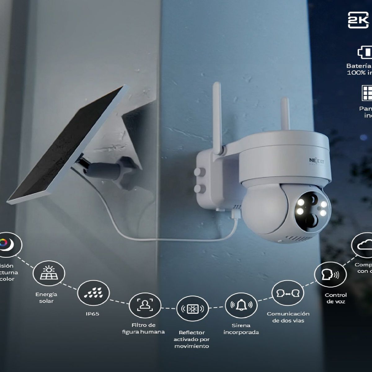 NEXXT SOLUTIONS - Cámara PTZ con panel solar Wi-Fi® para exteriores