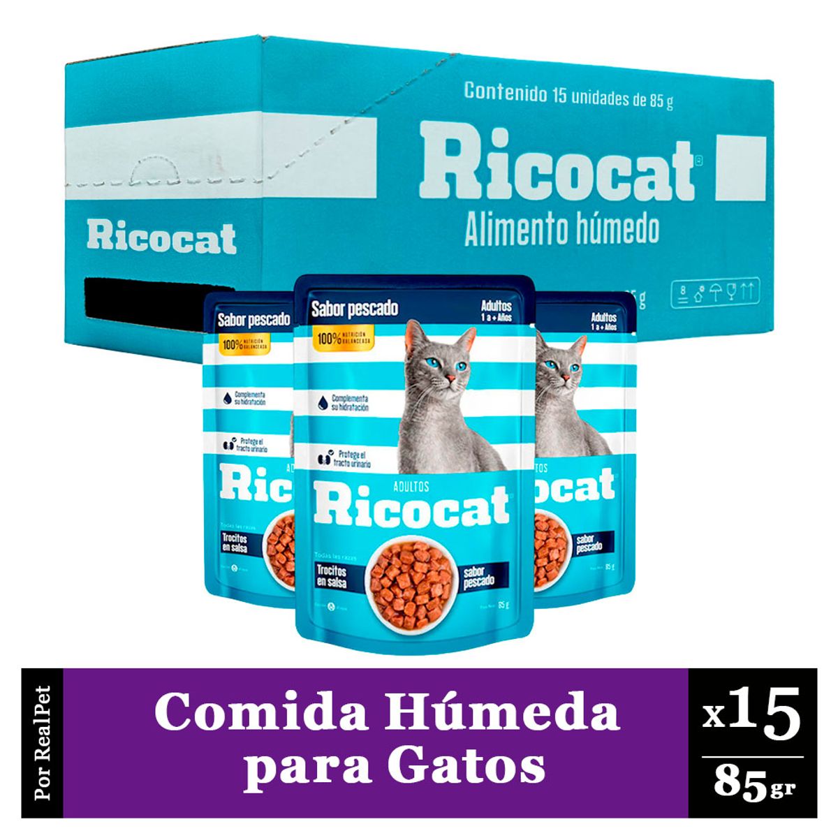 RICOCAT - Pack Caja x15 Comida Húmeda para Gato Ricocat Pescado 85gr