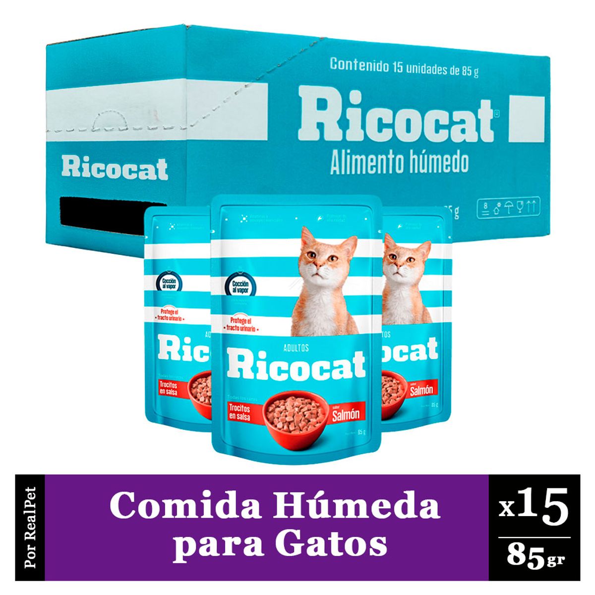 RICOCAT - Pack Caja x15 Comida Húmeda para Gato Ricocat Salmón 85gr