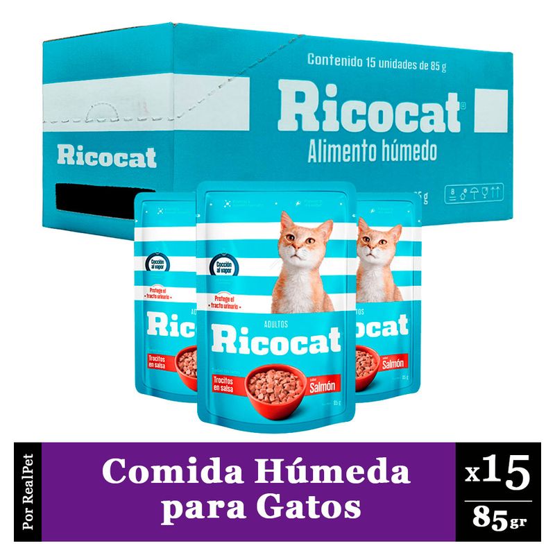 RICOCAT - Pack Caja x15 Comida Húmeda para Gato Ricocat Salmón 85gr