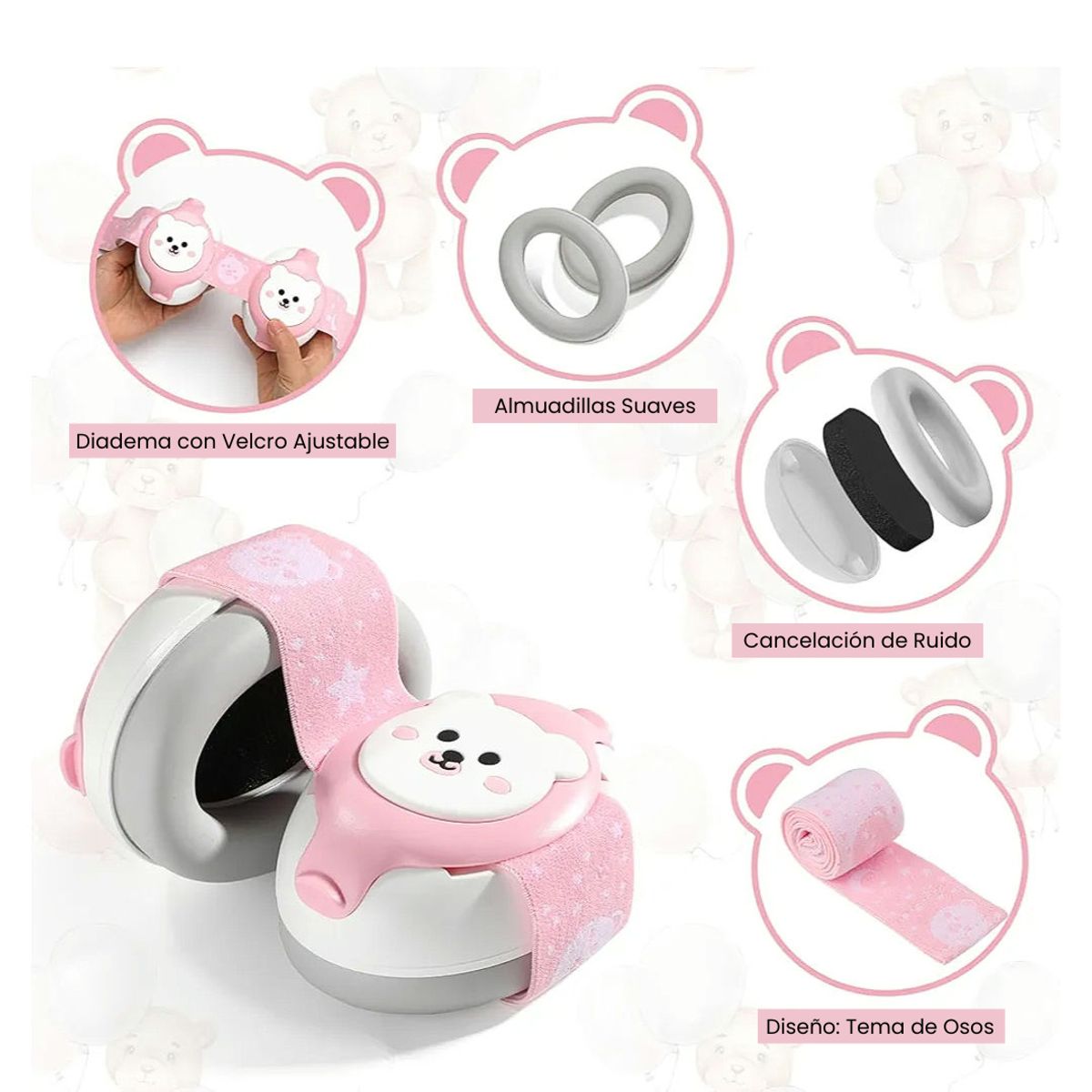 GENERICO - Audifonos Antiruido Orejeras Bebés 1-18 Meses Vincha Ajustable ROSA - YOMAY