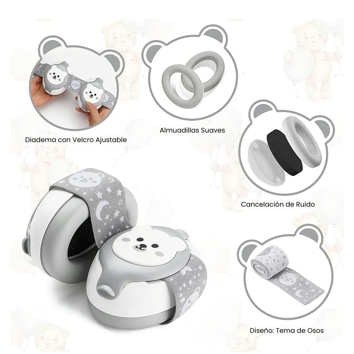 GENERICO - Audifonos Antiruido Orejeras Bebés 1-18 Meses Vincha Ajustable GRIS - YOMAY