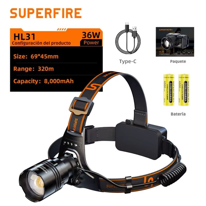 OEM - Linterna de Cabeza 2300LM Superfire HL31 Profesional Recargable