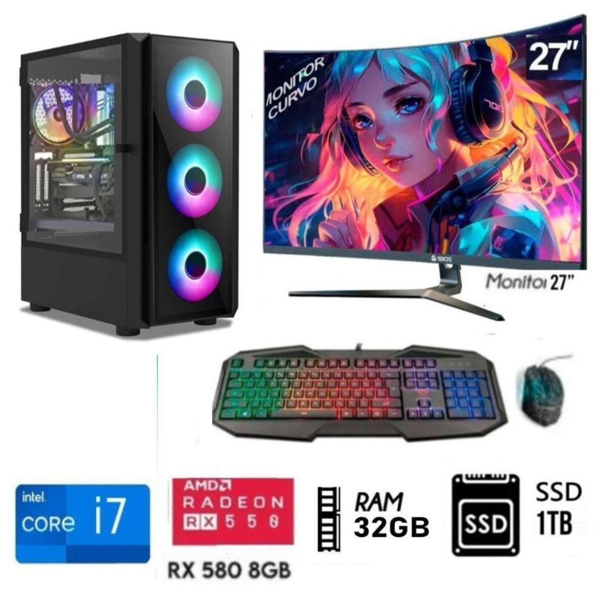 INTEL - Computadora PC  Core I7  Ram 32GB  DISCO SSD M.2  1TB,  Video RX 580 8GB  M27