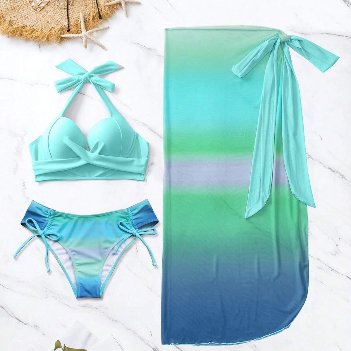 GENERICO - SET DE BIKINI 3 PIEZAS TURQUEZA AZUL +PAREO