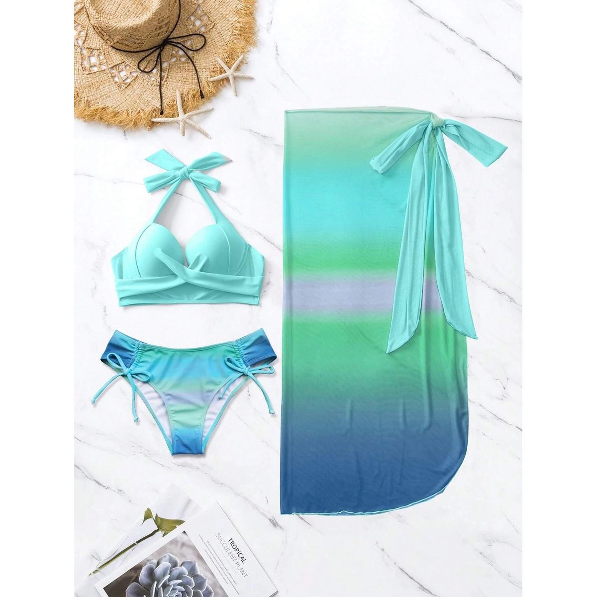 GENERICO - SET DE BIKINI 3 PIEZAS TURQUEZA AZUL +PAREO