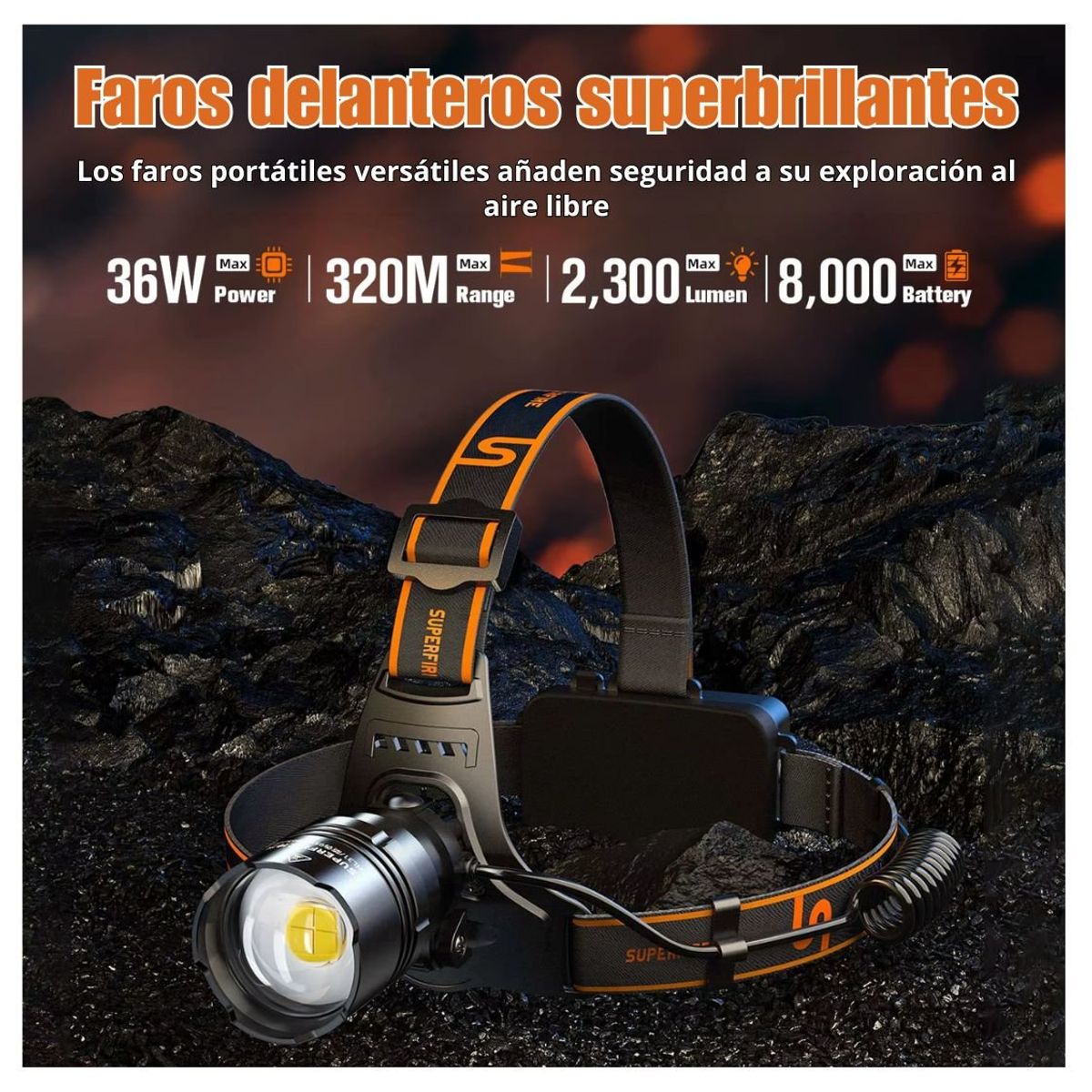 OEM - Linterna Frontal Potente XHP90 36W Recargable USB-C con Zoom 21700 8000mAh