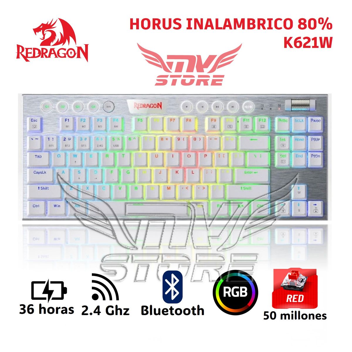 REDRAGON - Teclado Mecanico Inalambrico TKL Redragon Horus Blanco K621 RGB