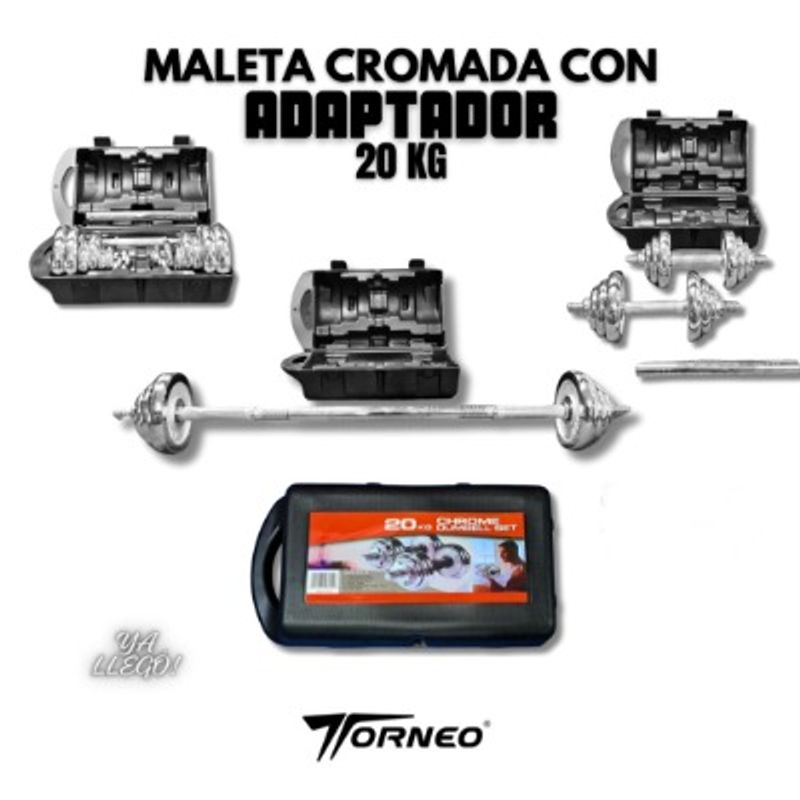 TORNEO - SET DE 20KG PESAS CROMADAS + MANCUERNAS + ADAPTADOR