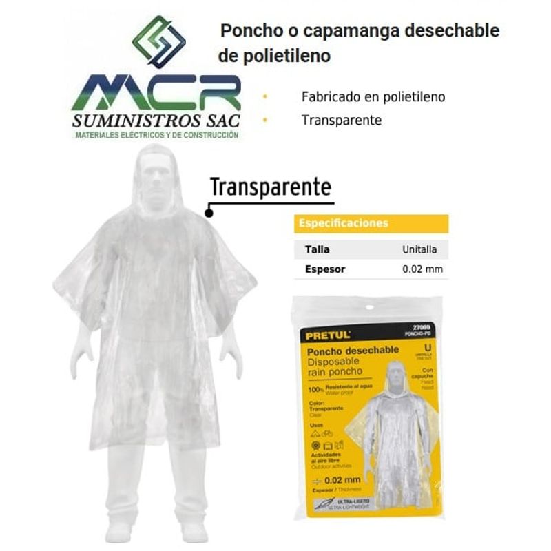 PRETUL - PONCHO CON CAPUCHA  IMPERMEABLE PARA LLUVIA DESECHABLE x 2UND