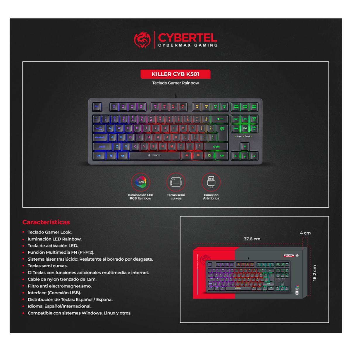 CYBERTEL - Teclado Gamer USB Killer CYB K501 - Rainbow - Cybertel