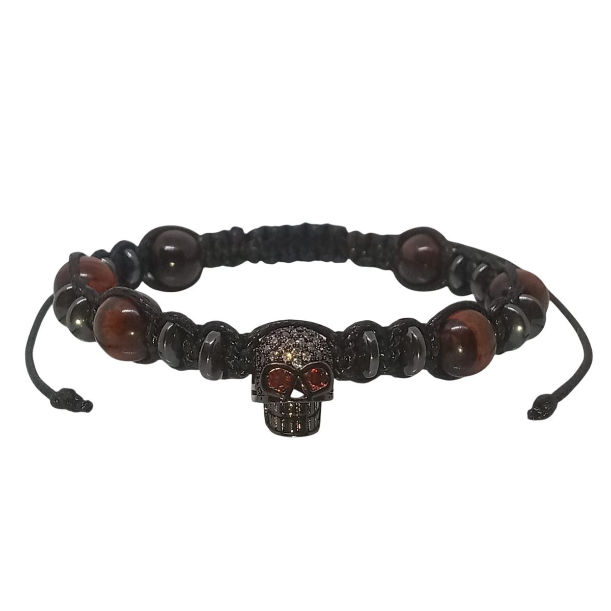 LUCYANA JOYAS Y ACCESORIOS - Pulsera para Hombre dije de Calavera con Ojo de Tigre rojo y Hematita
