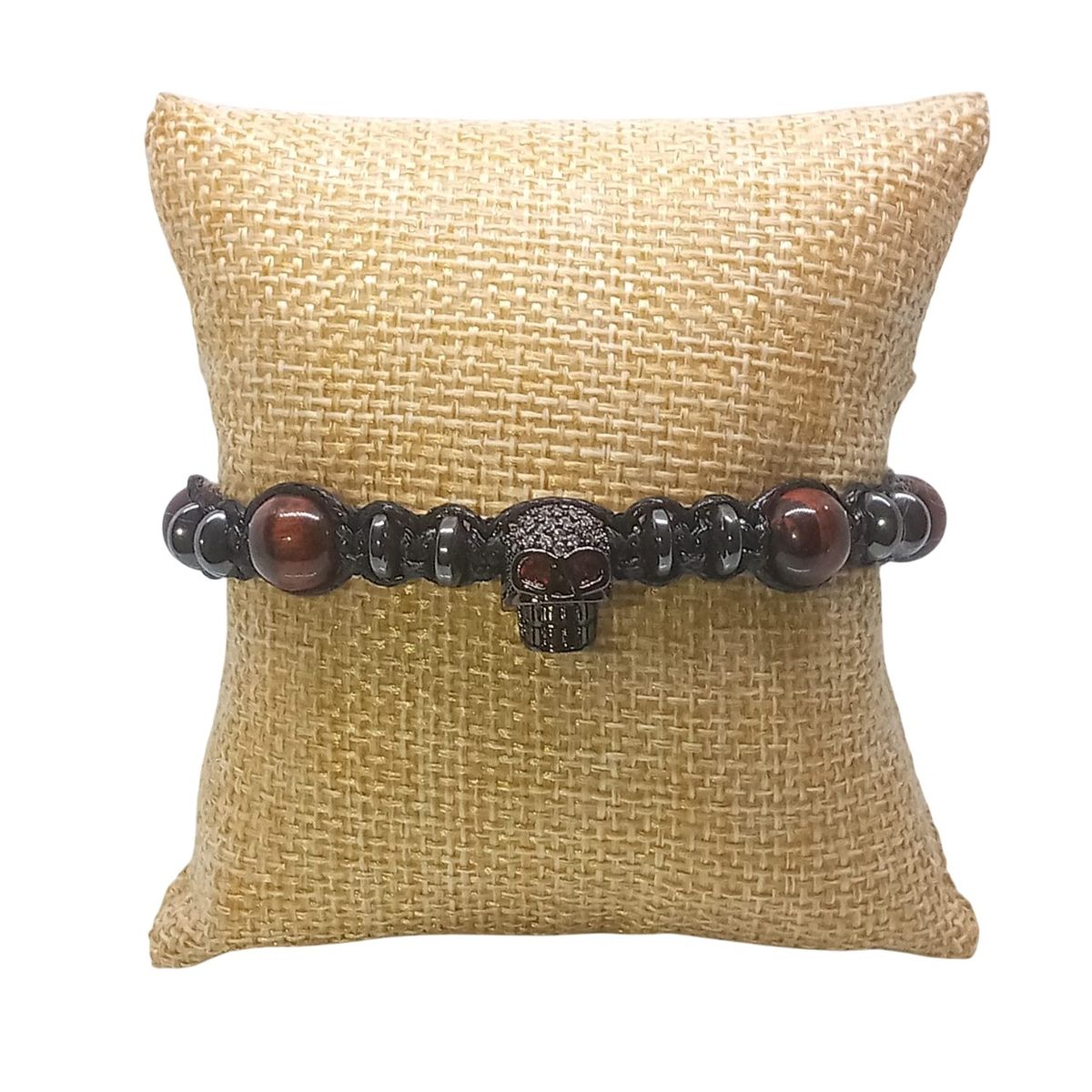 LUCYANA JOYAS Y ACCESORIOS - Pulsera para Hombre dije de Calavera con Ojo de Tigre rojo y Hematita