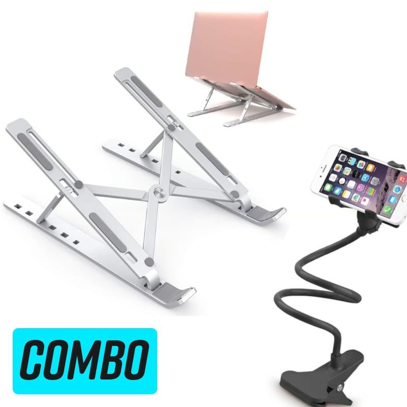 GENERICO - Soporte Aluminio para Laptop + Sujetador Flexible Gancho para Celular