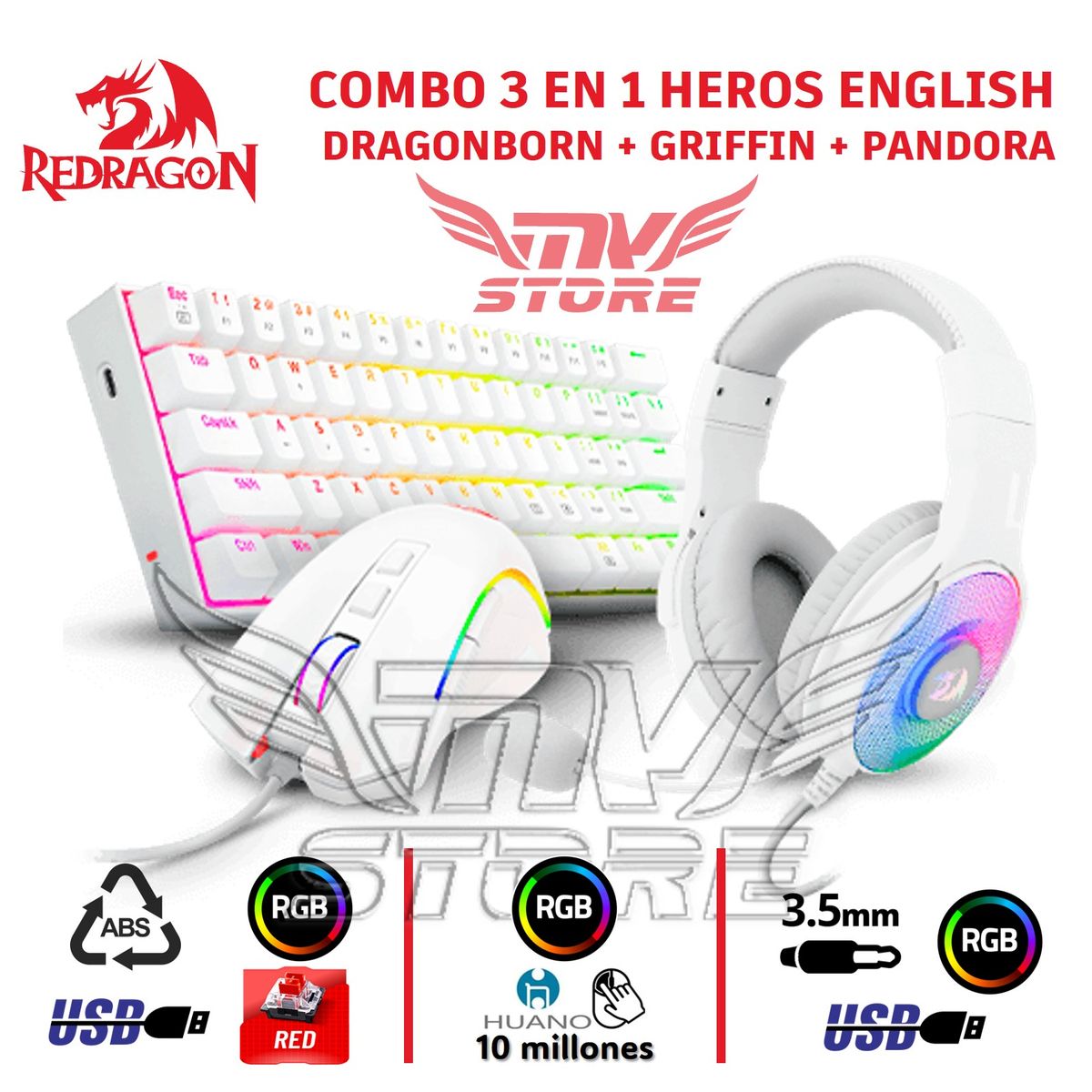 REDRAGON - Combo Redragon Heros Blanco S129W Teclado Dragonborn K630 M607 H350