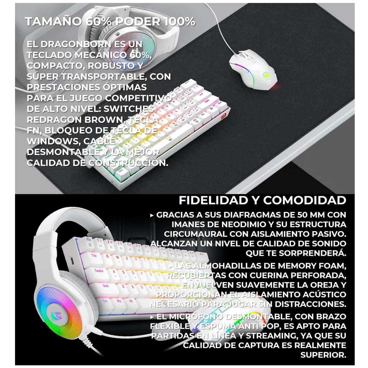 REDRAGON - Combo Redragon Heros Blanco S129W Teclado Dragonborn K630 M607 H350