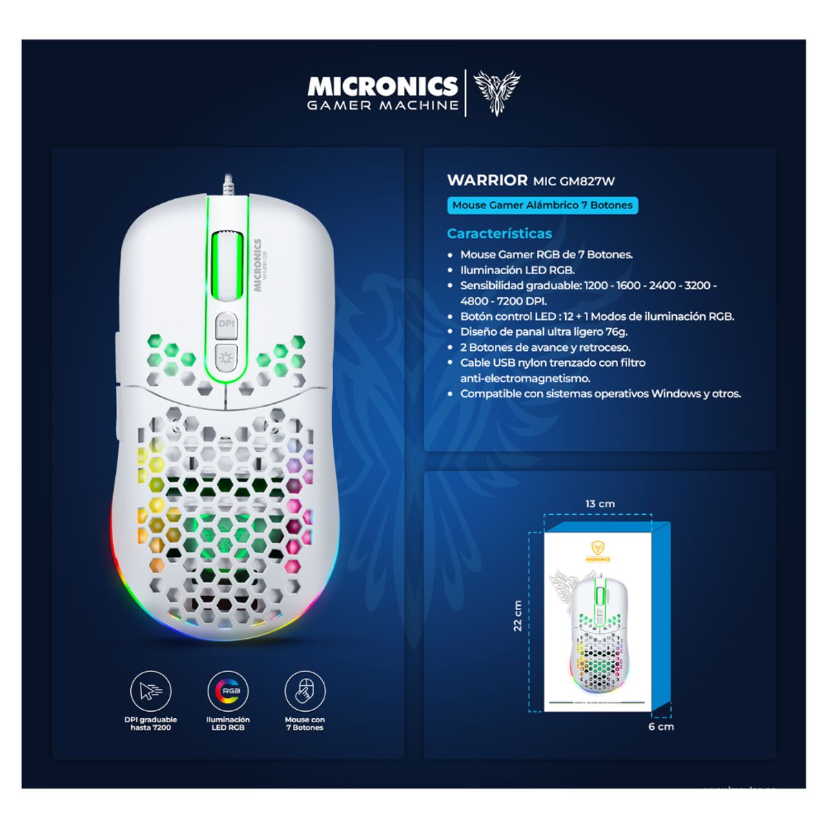 MICRONICS - Mouse Gamer USB Warrior MIC GM827W RGB 7 - Color Blanco - Micronics