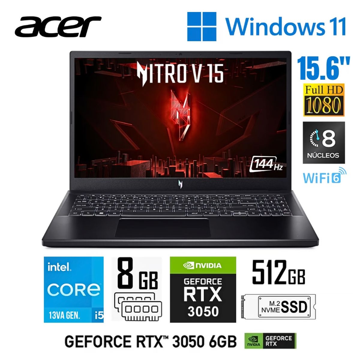 ACER - Laptop Acer NITRO V15 ANV15-51-56GH Intel Core i5 13va 8GB RAM 512GB SSD 15.6" FHD  RTX3050 Win 11