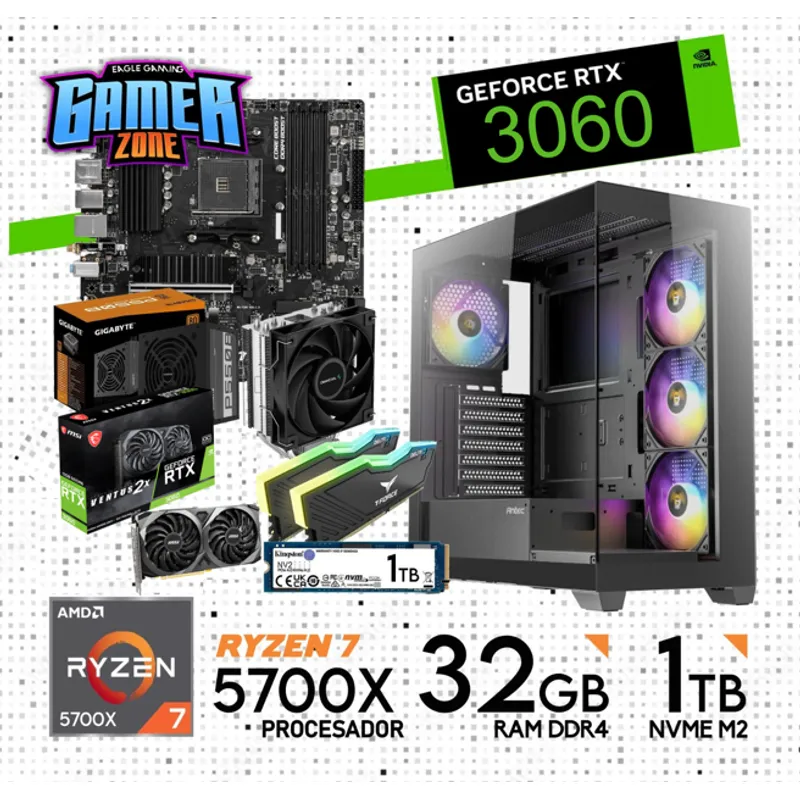 RYZEN - COMPUTADORA GAMER  PC RYZEN 7 5700X RAM 32GB SSD 1TB GRAFICA RTX 3060 12GB
