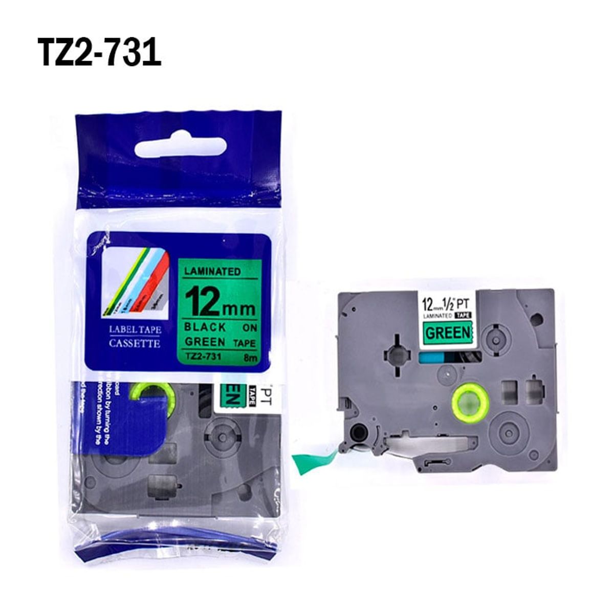 GENERICO - TZ2-731 Cinta compatible Brother fondo verde 12MM X 8MTS TZE-731